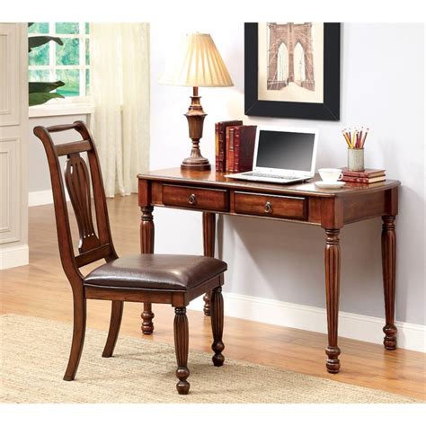 It features an accessory shelf atop a storage cabinet, a keyboard panel equipped with a safety stop, 2 drawers and a file cabinet. Furniture of America Gilberto Writing Desk and Chair Set ...
