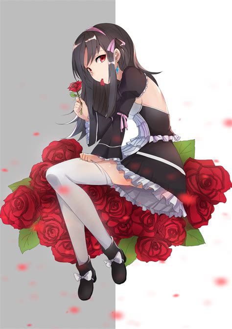 Wallpaper Anime Girls Flowers Stockings Long Hair Black Hair Red