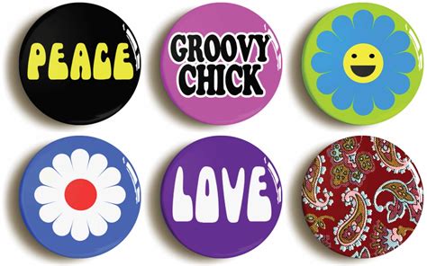 Sixties Hippie Chick Badges Buttons Pins Set Of Six Peace Groovy