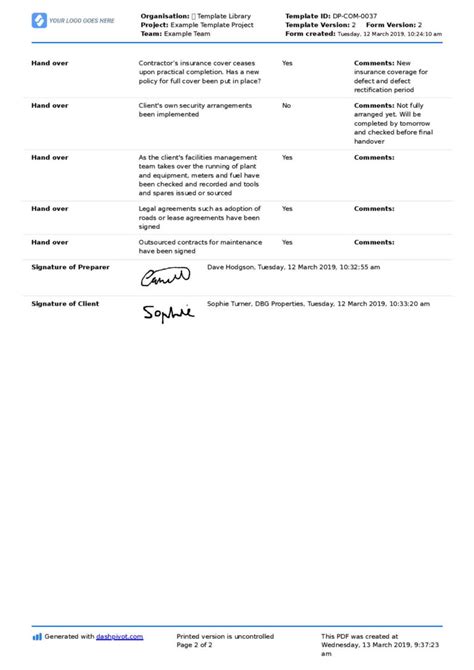 Construction Project Handover Document Sample To Use Or Copy With