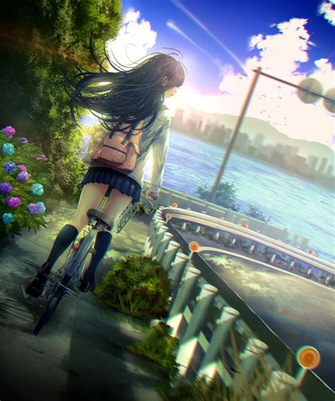 Wallpaper Sea Long Hair Anime Girls Water Bicycle Sky Legs Clouds Route Image