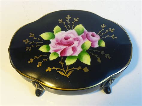 Vintage Porcelain Hand Painted Trinket Box Black W Roses Gold Trim