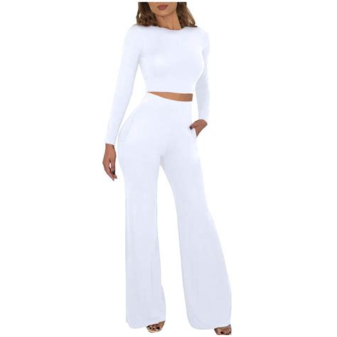 Forwelly All White Two Piece Outfits Set For Women Ladies Long Sleeve