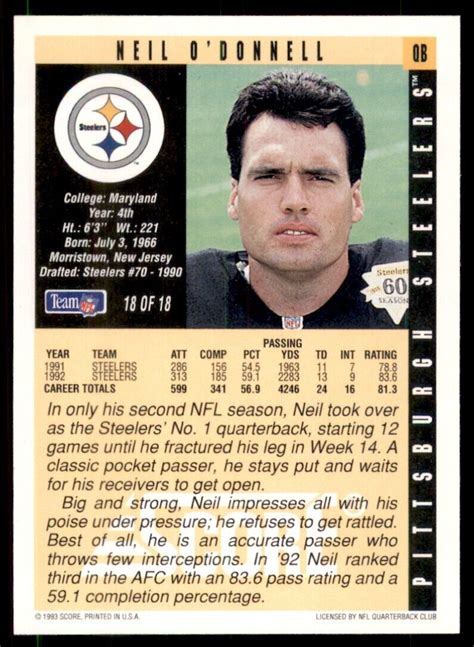 1993 Score Ore Ida Qb Club Neil Odonnell Pittsburgh Steelers 18 Ebay