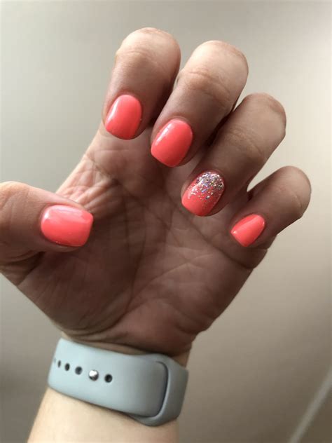 Short Gel Acrylic Coral Reef Pink Silver Glitter Manicure Coral Gel Nails Coral Nails With