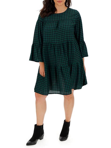 Simply Be Womens Plus Size Check Tiered Smocked Long Sleeve Dress