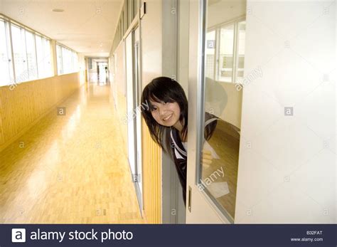 Japanese High School Student In Hallway Stock Photo