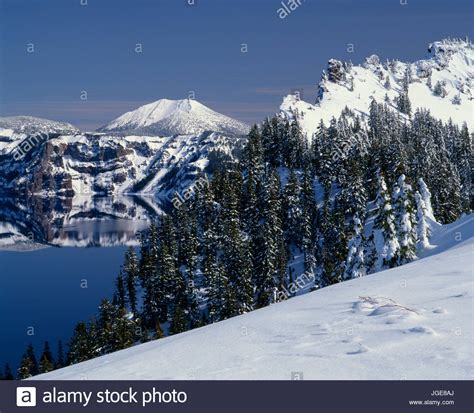 Usa Oregon Crater Lake National Park Winter Snow Accumulates At