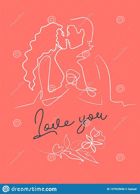 Romantic Kiss Of Two Lovers Line Vector Drawing For Greeting Cards
