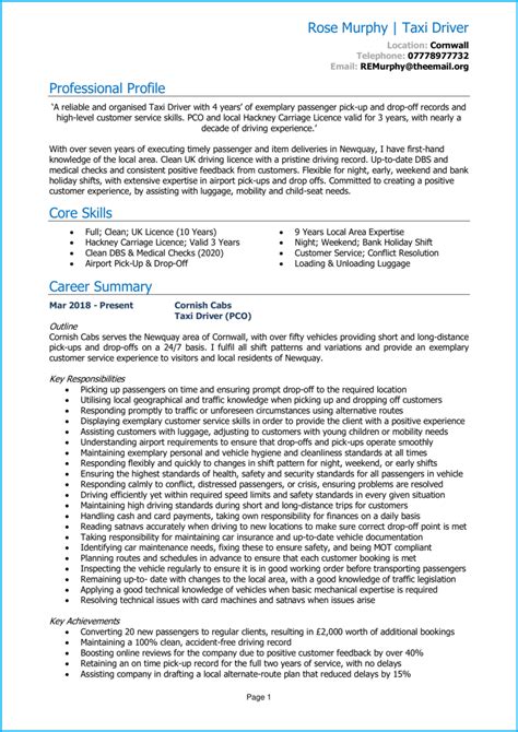 Taxi Driver Cv Example And Writing Guide Get More Interviews