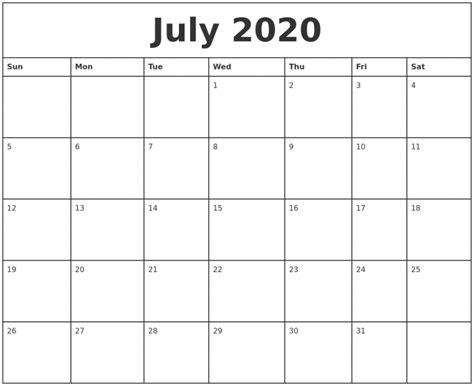 Free July Calendar 2020 Printable Template Pdf Word Excel Printable