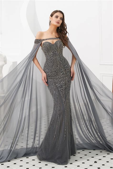 Grey Beaded Dubai Style Evening Dress With Cape Shawl Prom Dress With Train Mermaid Evening