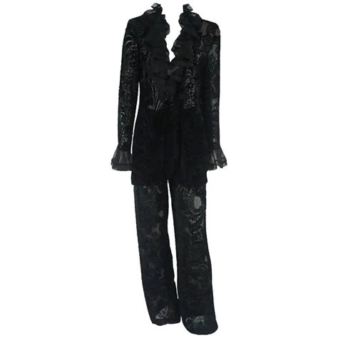 Emanuel Ungaro Black Cut Velvet Pant Suit With Ruffle Trim 10 1980s