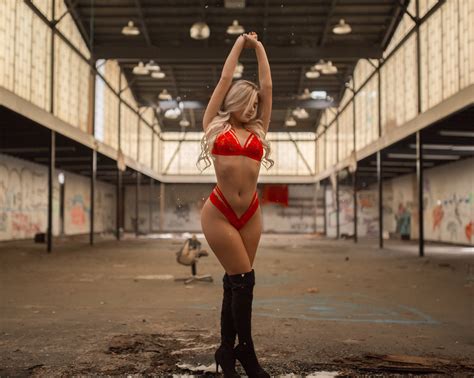 Wallpaper Women Faith Marone Blonde Tanned Belly Red Lingerie Arms Up Knee High Boots
