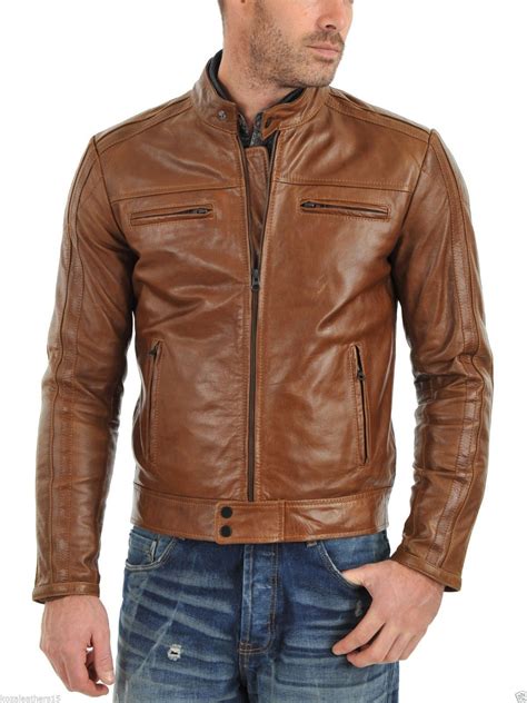 Mens Real Lambskin Tan Brown Leather Motorcycle Jacket Slim Fit Biker