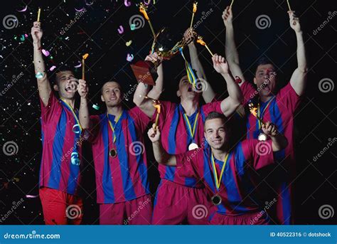 Soccer Players Celebrating Victory Stock Photo Image Of Jump
