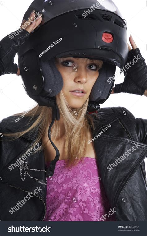 Beautiful Girl Motorcycle Helmet On White Stock Photo 40458961