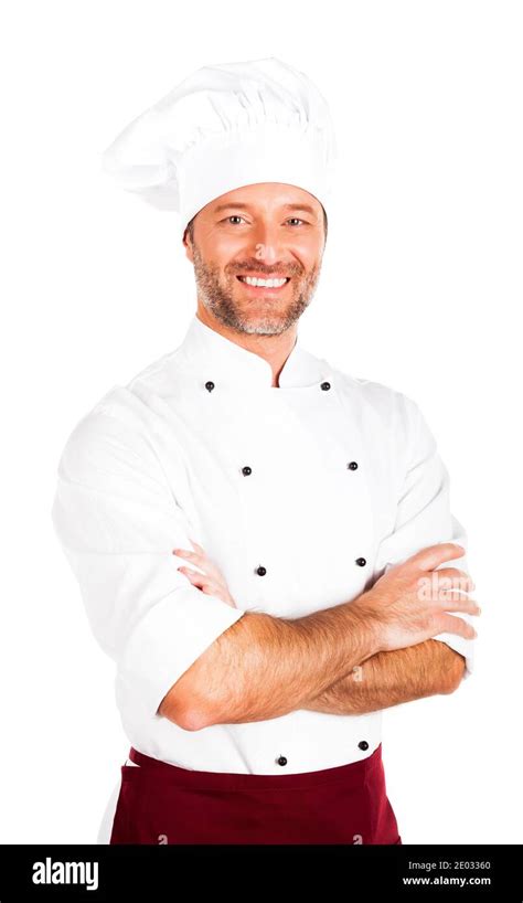 Retrato de un chef feliz y sonriente aislado en blanco Fotografía de