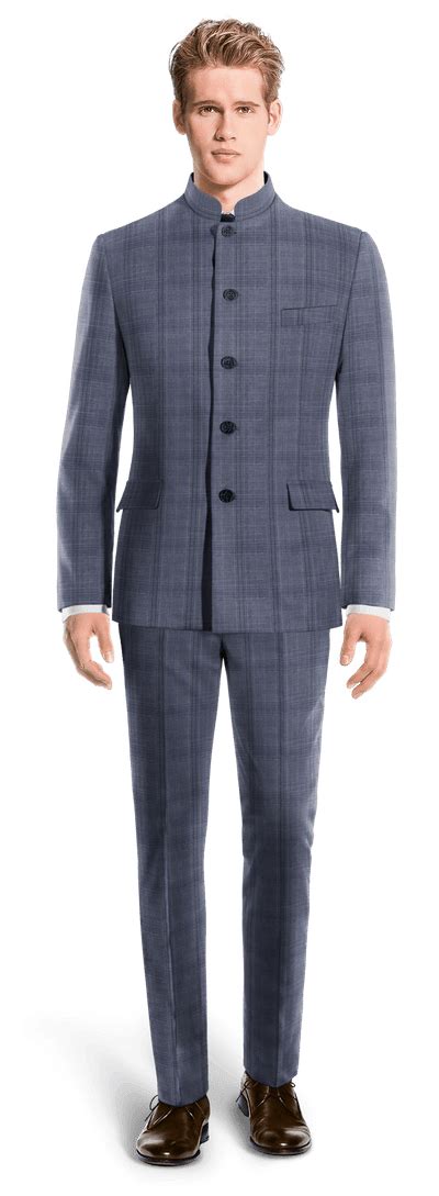 Dusty Blue Overcheck Pure Wool Collarless Suit