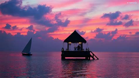 Morze Altana Żaglówka Malediwy Zachód Słońca