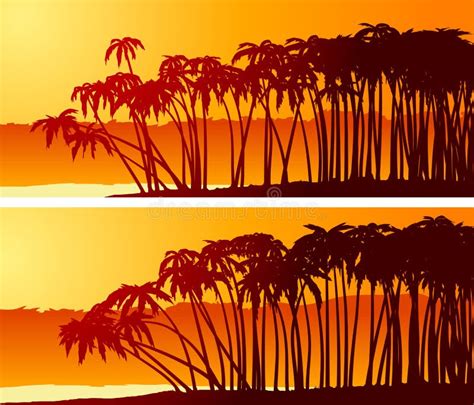 Horizontal Banners Of Palm Trees On Beach At Sunset Stock Vector