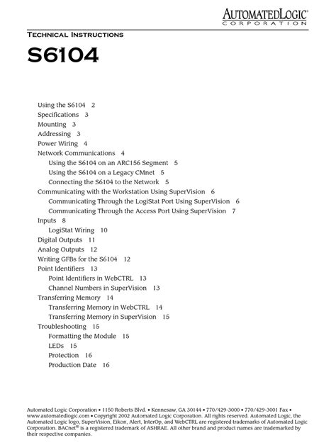 Automated Logic S6104 Technical Instructions Pdf Download Manualslib