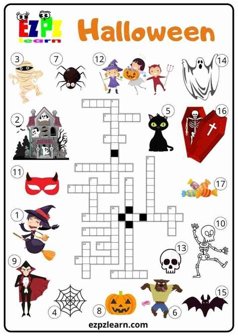 Free Printable English Crossword Game Topic Halloween Worksheet For