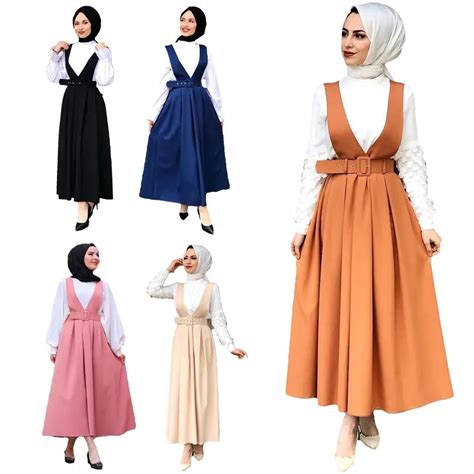 Muslim Women Long Suspender Skirt High Waist Pleated Belt Swing Dresses Overalls Islamic Arab