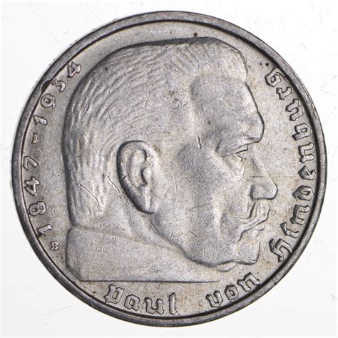 1939 German Ww2 Nazi 2 Mark Swastika Silver Historic Coin Germany War