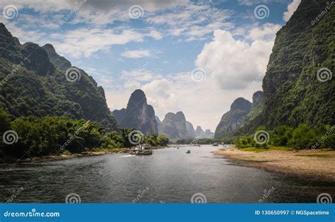 Lijiang Or Li River Boats And Mountains In Guilin China Stock Image