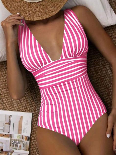 Striped Ruched Plunging One Piece Swimsuit Shein Usa Plunging One Piece Swimsuit Pink