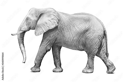 African Elephant Illustration Or Hand Drawn Sketch Of Adult Elephant Walking In Side View Pose