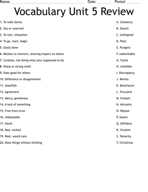 Vocabulary Unit 5 Review Worksheet Wordmint