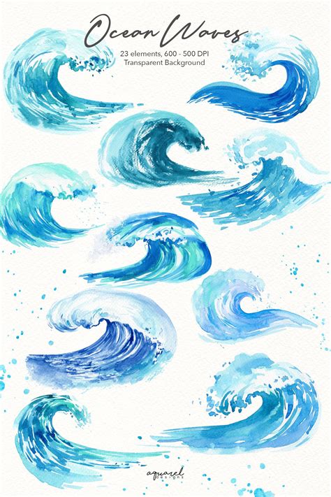 Watercolor Ocean Waves Clipart Summer Beach Invitation Sea Waves