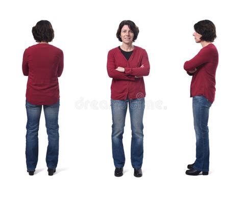 Woman With Jeans Front Back And Side View On White Background Stock