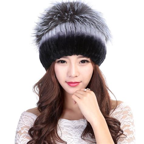 Valpeak Women Fur Hats For Winter Natural Rabbit Fur Cap With Silver