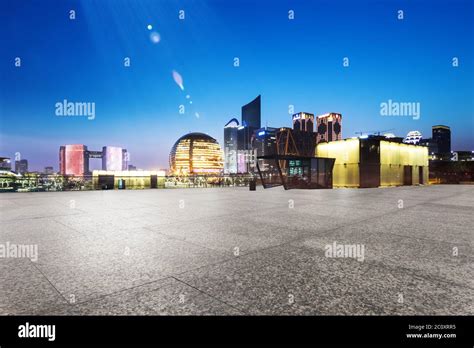 Empty Marble Floor With Cityscape And Skyline Of Hanghzou Stock Photo
