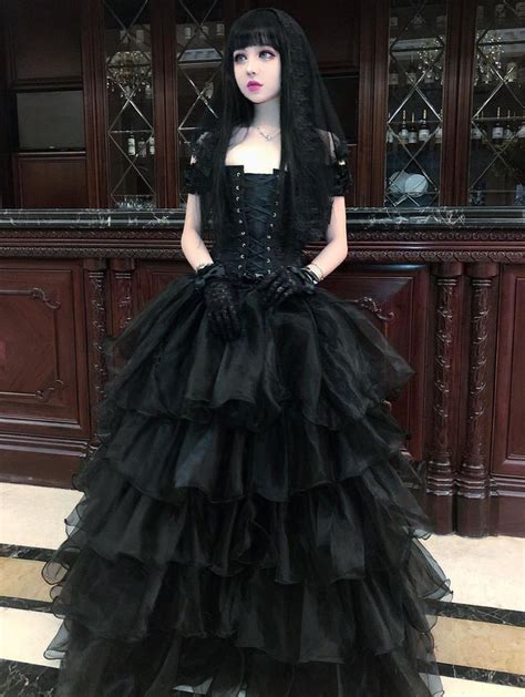 black cap sleeves gothic corset long multilayer prom party gown gothic outfits goth dress