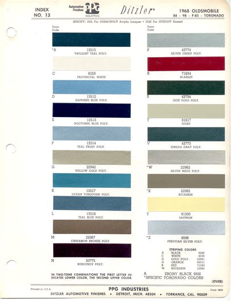 1968 Olds Color Chart