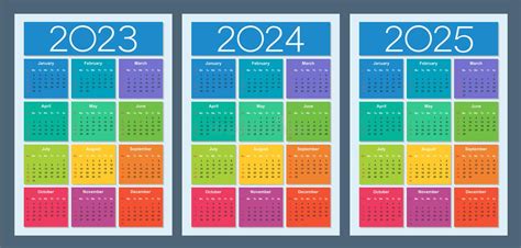 Colorful Calendar For 2023 2024 And 2025 Years Week Starts On Sunday