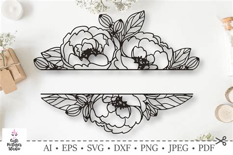 Wedding Monogram Frame With Peony Flowers SVG DXF Cut File