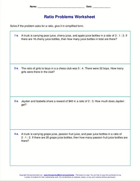 Ratio And Proportion Word Problems Worksheet With Answers