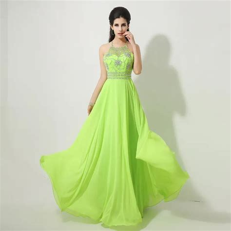 New Arrival Beaded Halter Lime Green Prom Dresses Long Chiffon Open