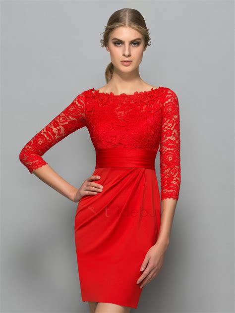 Offers High Quality Classy Bateau Neck 34 Length Sleeve Red Lace Cocktail Dres