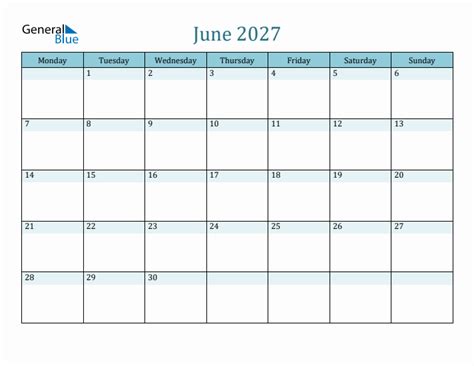 June 2027 Monthly Calendar Template Monday Start