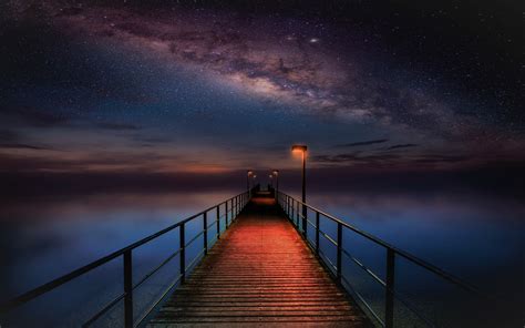 1920x1200 Ocean Pier Under Milky Way Sky 1200p Wallpaper Hd Nature 4k