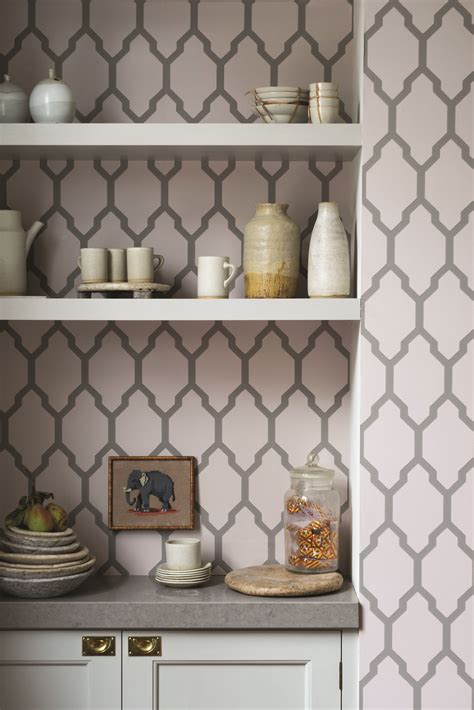 Wallpaper In A Kitchen Alcove With Shelves By Farrow And Ball Brick