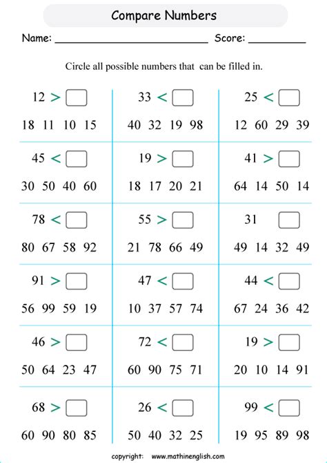 Lesson 3 Comparing Numbers 1st Grade Worksheet