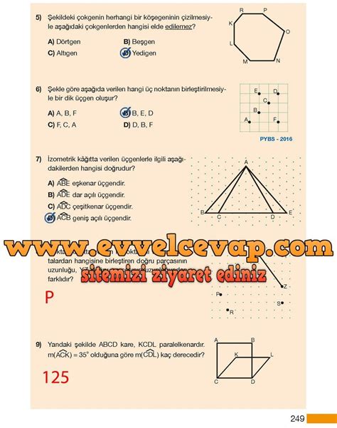 5 Sınıf Matematik Meb Yayınları Ders Kitabı Cevapları Sayfa 249 Ders