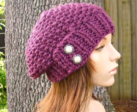 Purple Beret Knit Hat Womens Hat Seed Beret Hat Fig Purple Etsy